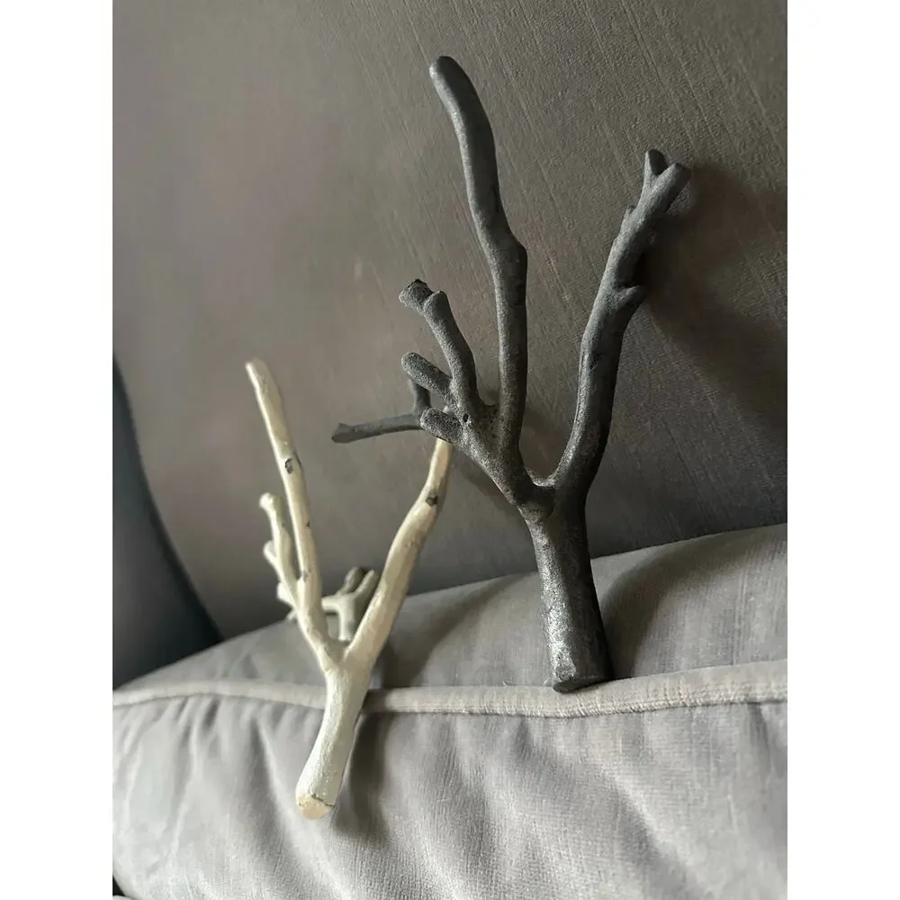 2 Tree Branch Wall Hooks Cast Iron Towel Hat Hanger white gray modern set